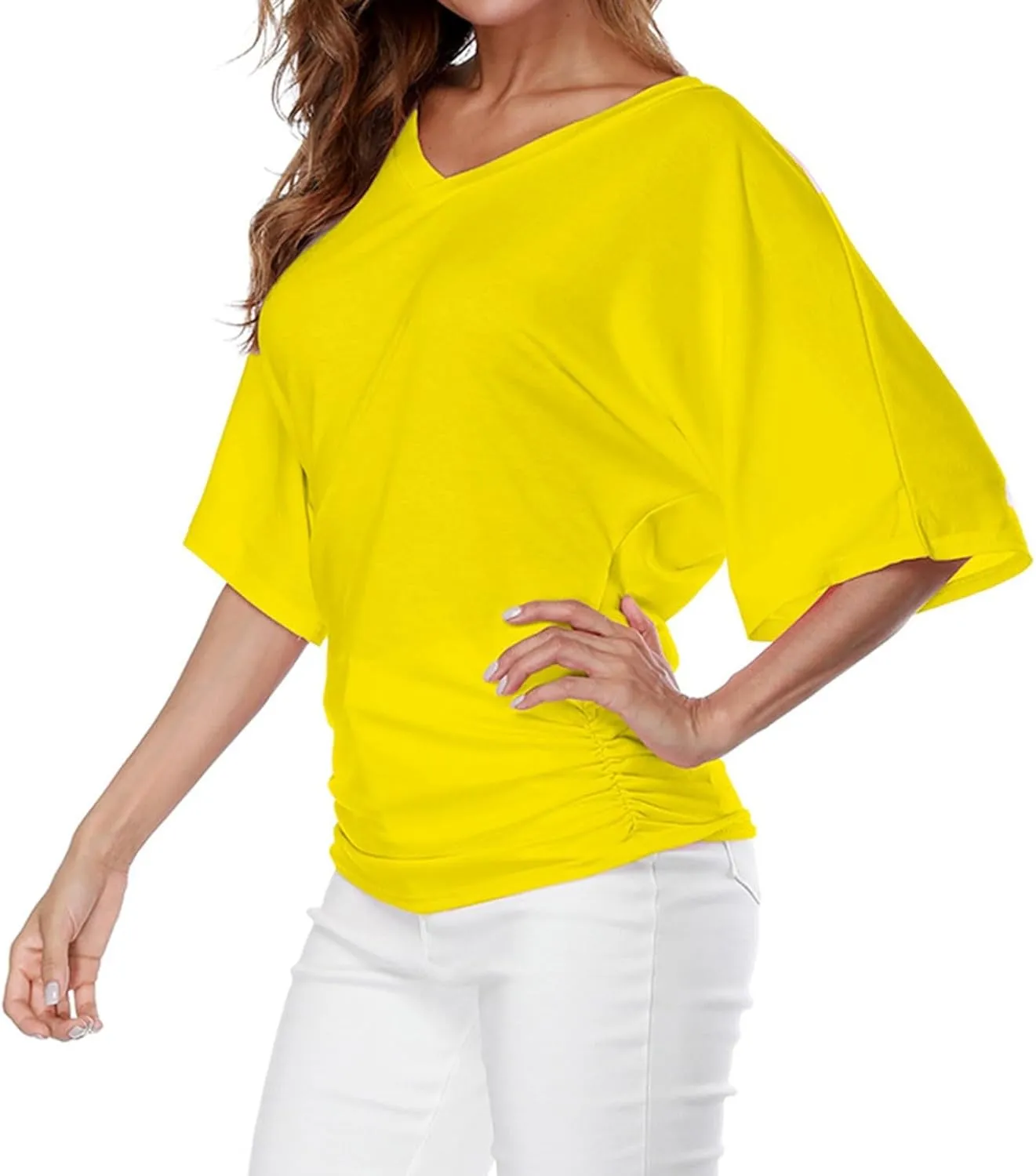 JOAU Women's V Neck Short Sleeve Batwing Dolman Top Blouses Summer Loose Casual Soft Comfy Ruched Shirts Plus Size
