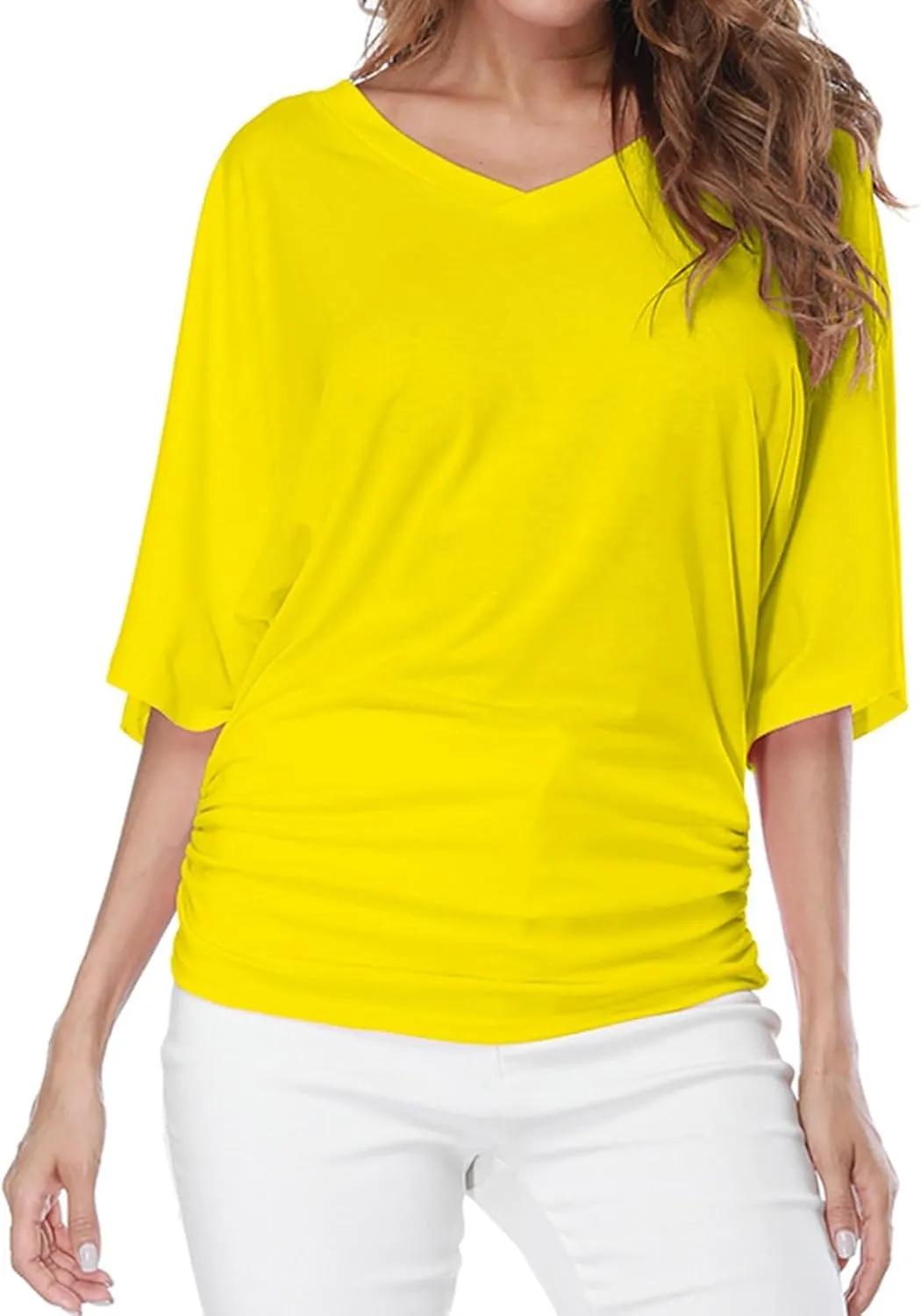 JOAU Women's V Neck Short Sleeve Batwing Dolman Top Blouses Summer Loose Casual Soft Comfy Ruched Shirts Plus Size