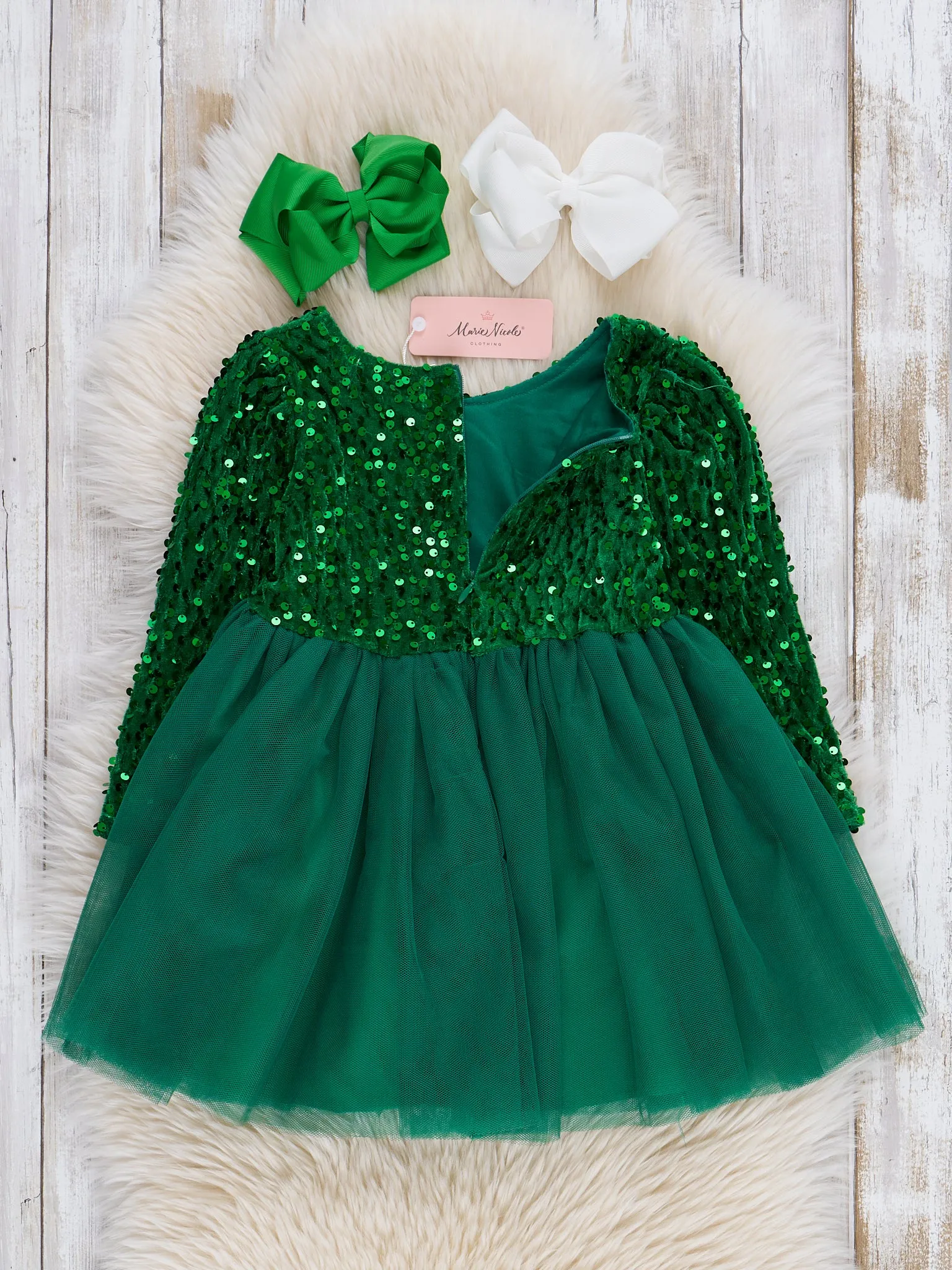 Kelly Green Sparkle Party Long Sleeve Tulle Dress