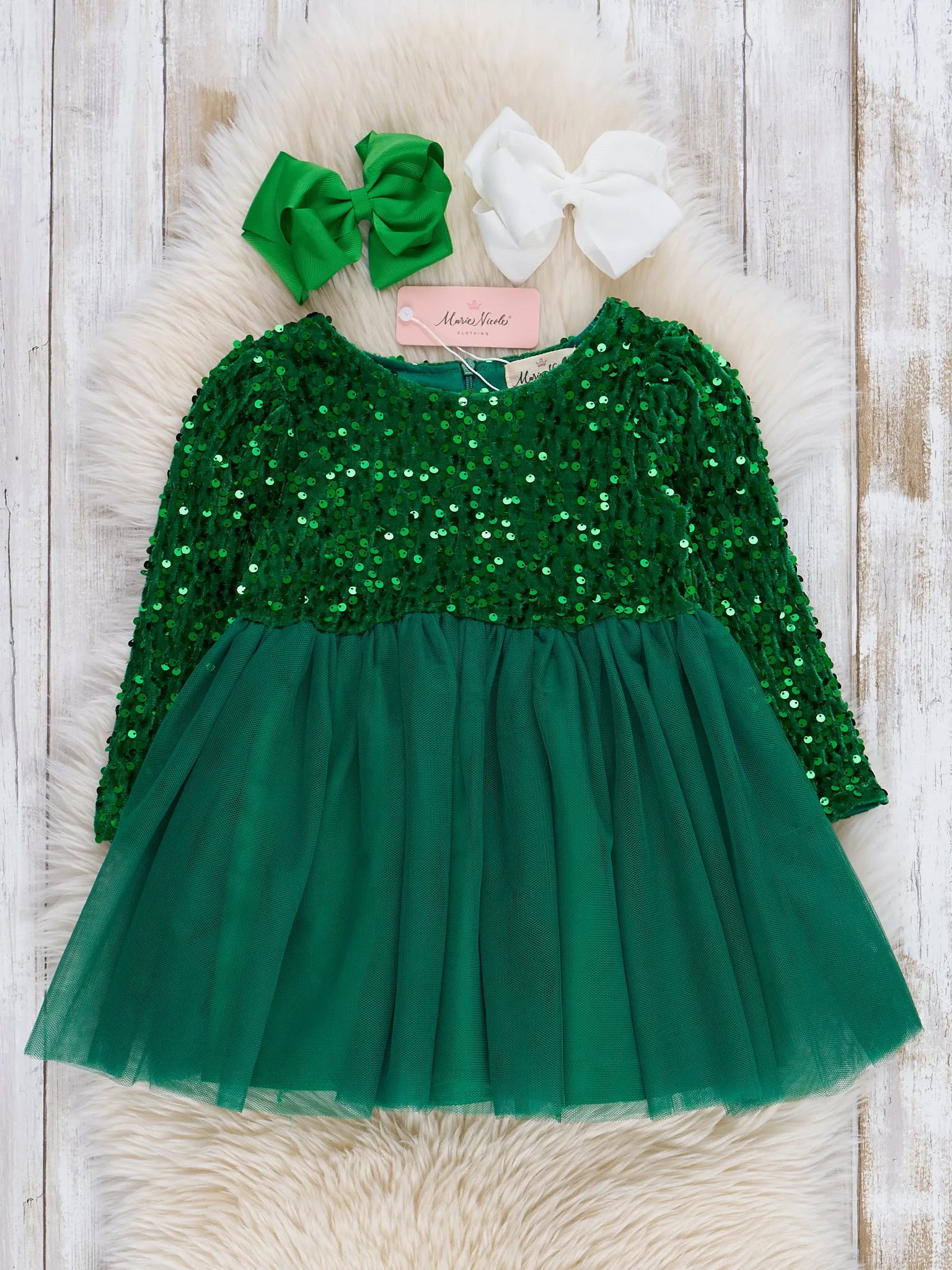 Kelly Green Sparkle Party Long Sleeve Tulle Dress