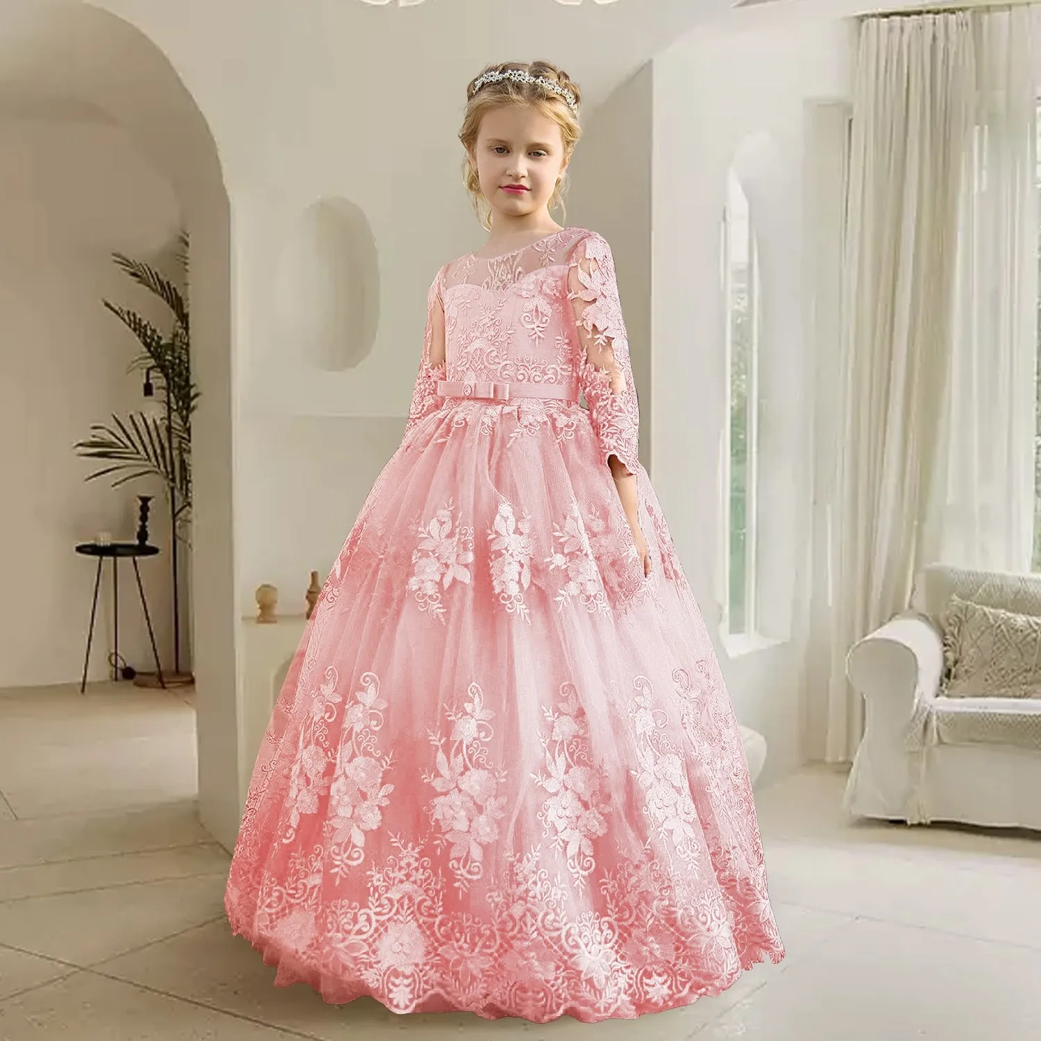 Kids Girl Lace Pageant Long Gown Princess Party Formal Evening Dress - KGD8342
