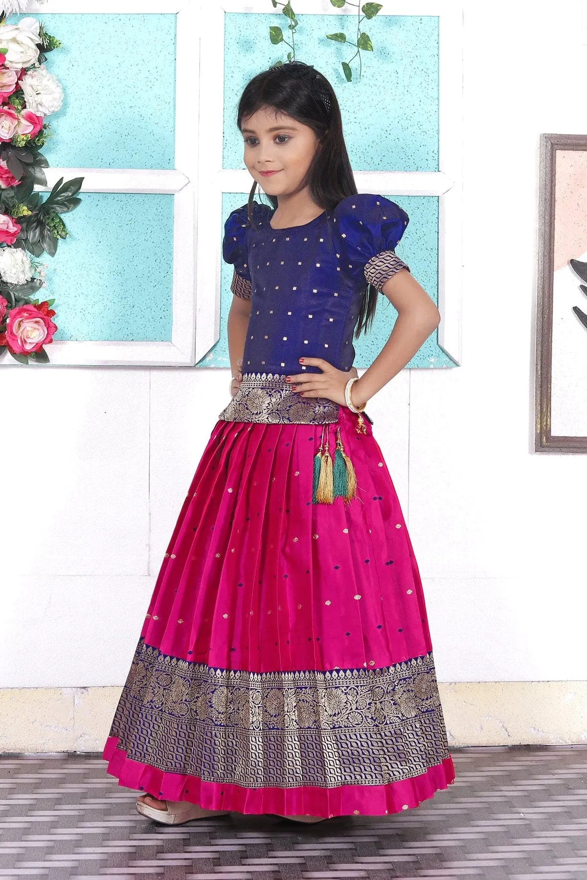 Kids Readymade Pink pattu Pavadai Lehenga Choli Set