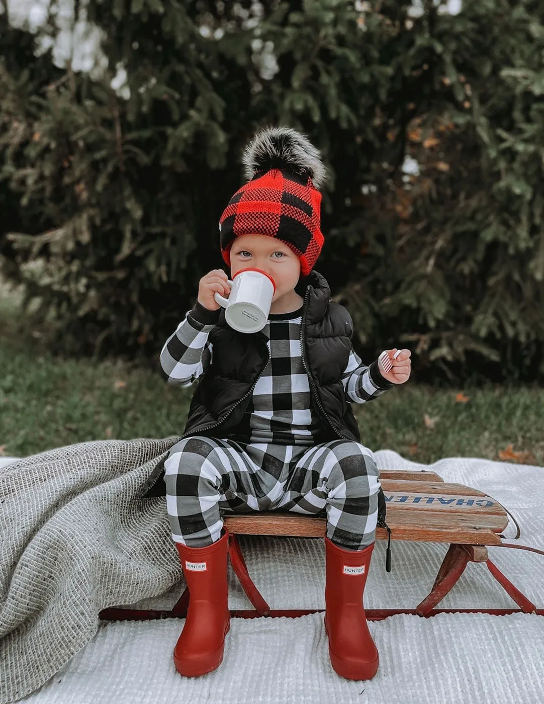 Kids Two Piece Cotton Pajamas Black & White Plaid