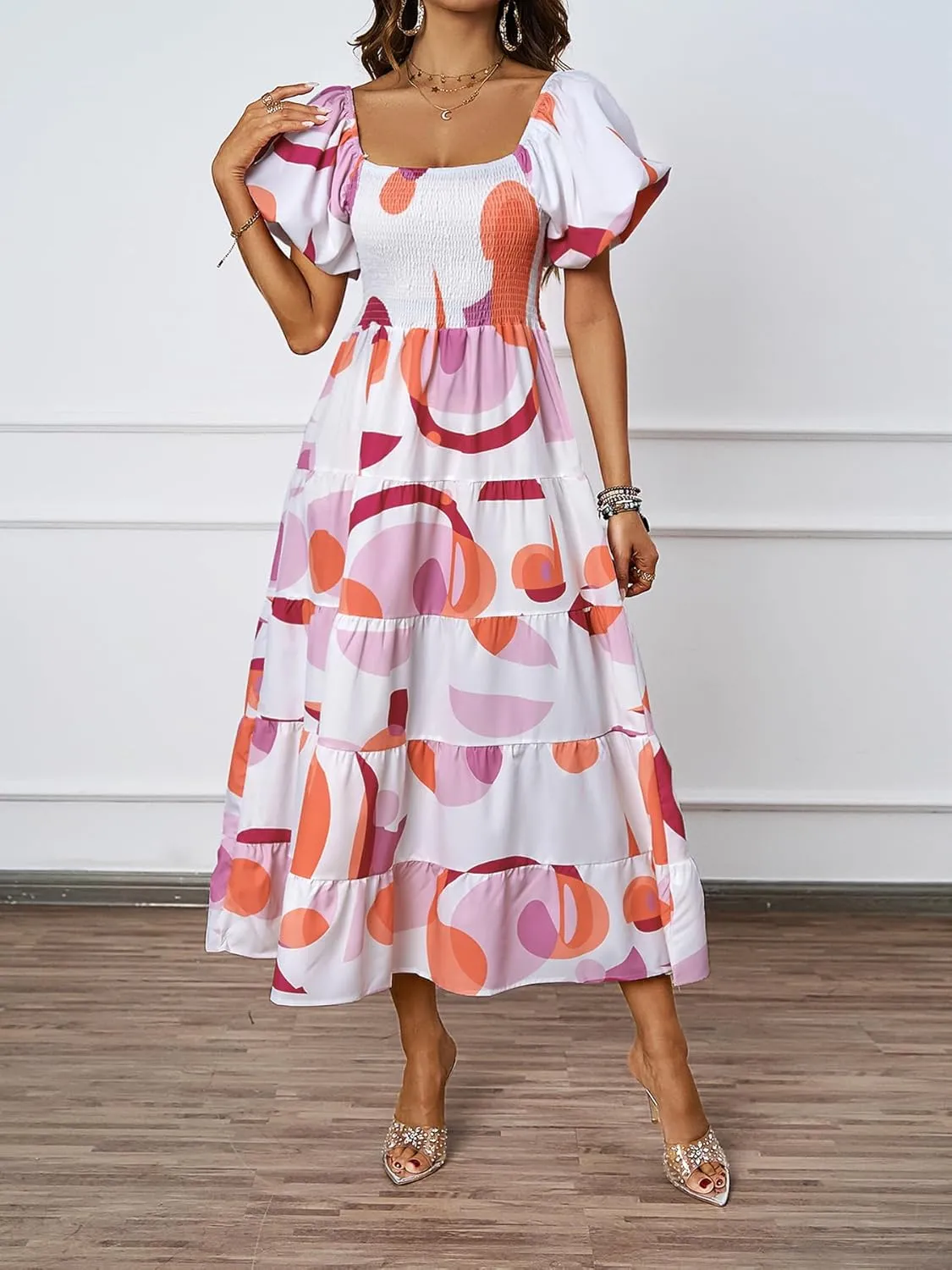 kinstell Casual Summer Midi Dress Puffy Short Sleeve Square Neck Smocked Tiered Ruffle Dresses for Women