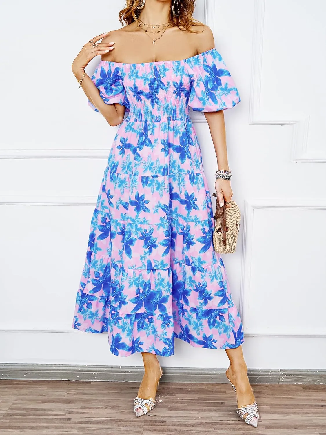 kinstell Casual Summer Midi Dress Puffy Short Sleeve Square Neck Smocked Tiered Ruffle Dresses for Women