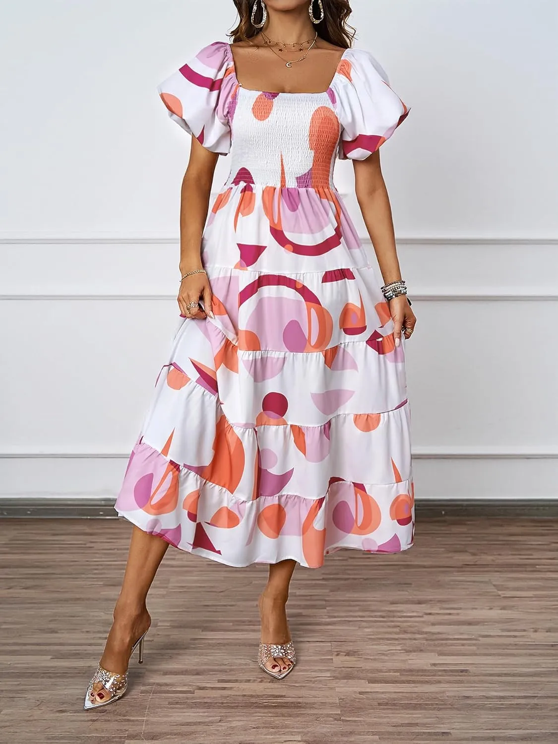 kinstell Casual Summer Midi Dress Puffy Short Sleeve Square Neck Smocked Tiered Ruffle Dresses for Women