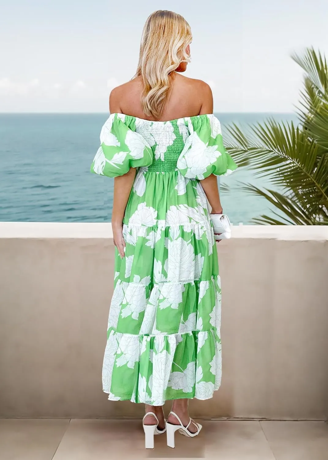 kinstell Casual Summer Midi Dress Puffy Short Sleeve Square Neck Smocked Tiered Ruffle Dresses for Women