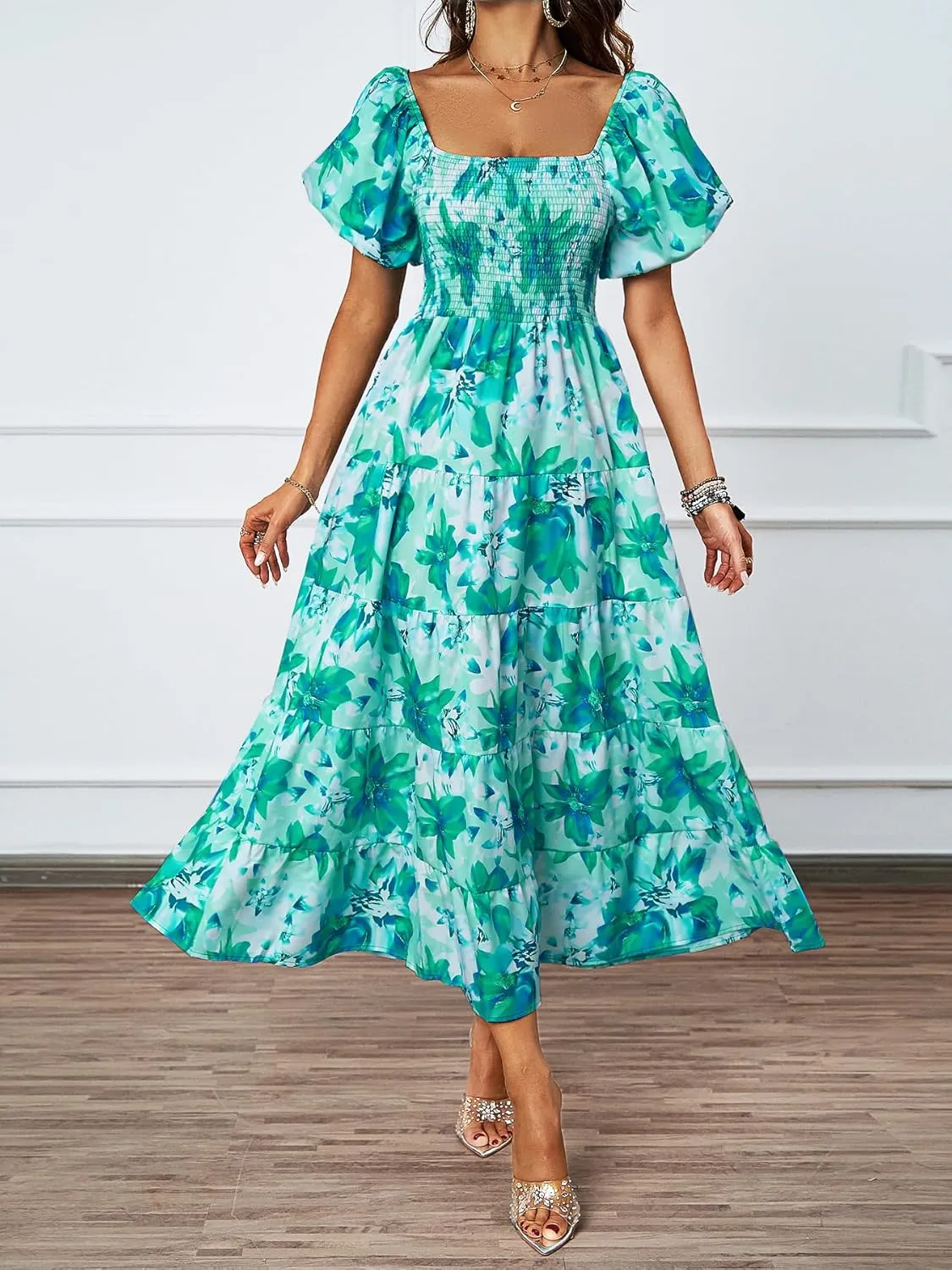 kinstell Casual Summer Midi Dress Puffy Short Sleeve Square Neck Smocked Tiered Ruffle Dresses for Women