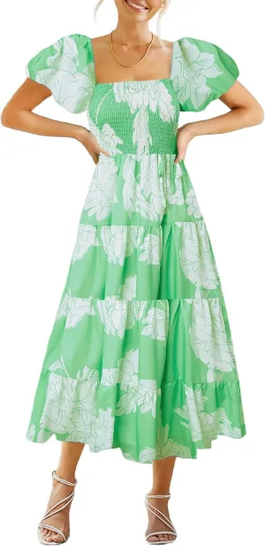 kinstell Casual Summer Midi Dress Puffy Short Sleeve Square Neck Smocked Tiered Ruffle Dresses for Women