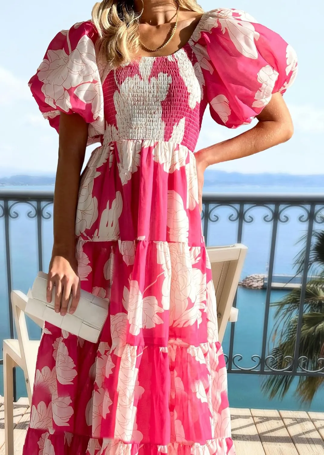 kinstell Casual Summer Midi Dress Puffy Short Sleeve Square Neck Smocked Tiered Ruffle Dresses for Women