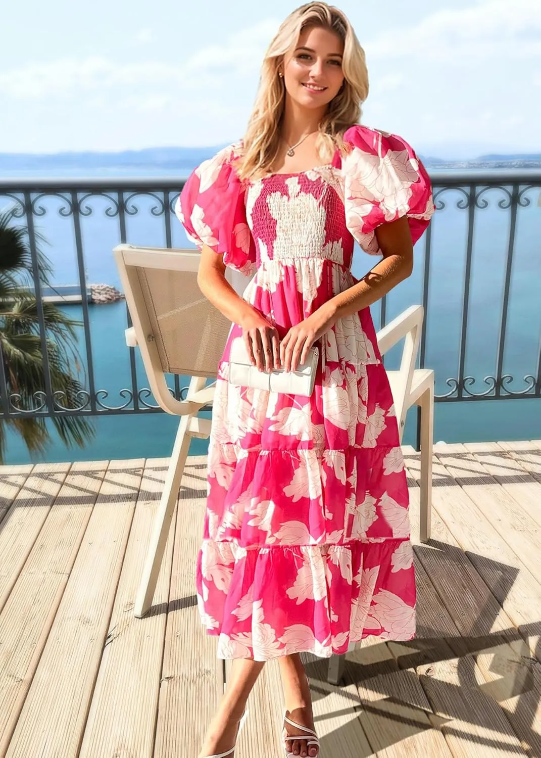 kinstell Casual Summer Midi Dress Puffy Short Sleeve Square Neck Smocked Tiered Ruffle Dresses for Women
