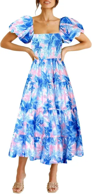 kinstell Casual Summer Midi Dress Puffy Short Sleeve Square Neck Smocked Tiered Ruffle Dresses for Women