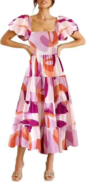 kinstell Casual Summer Midi Dress Puffy Short Sleeve Square Neck Smocked Tiered Ruffle Dresses for Women