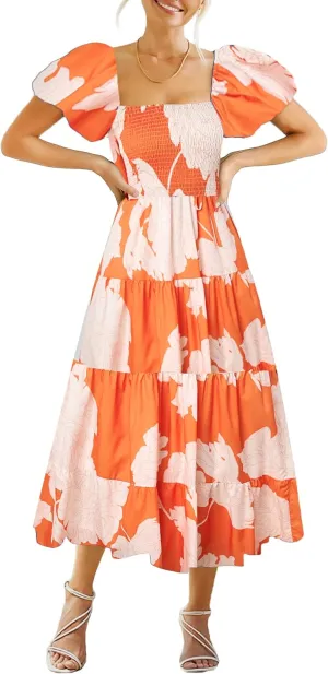 kinstell Casual Summer Midi Dress Puffy Short Sleeve Square Neck Smocked Tiered Ruffle Dresses for Women