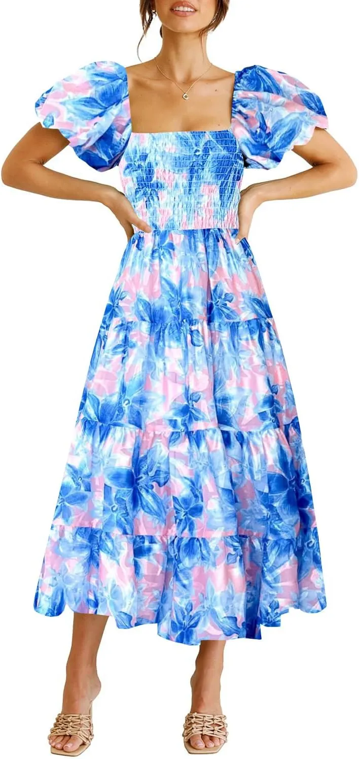 kinstell Casual Summer Midi Dress Puffy Short Sleeve Square Neck Smocked Tiered Ruffle Dresses for Women