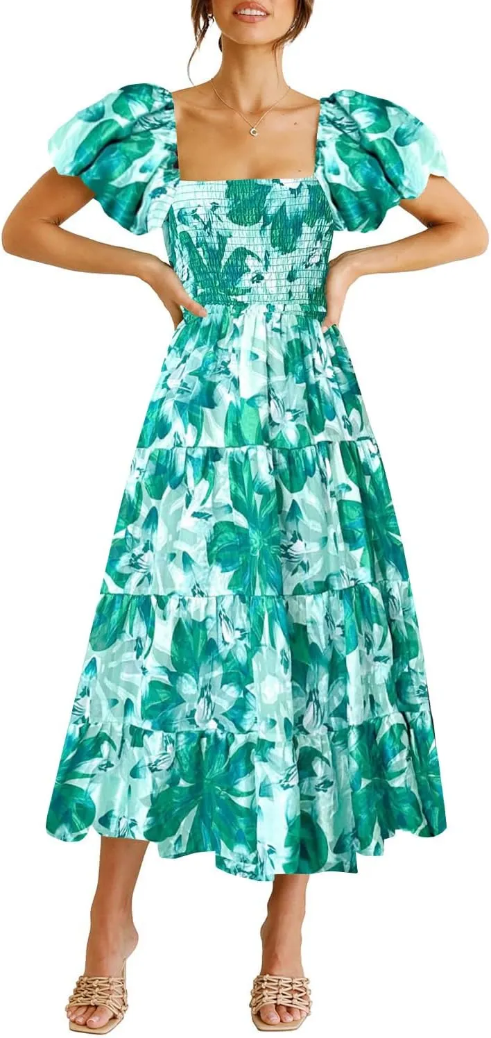 kinstell Casual Summer Midi Dress Puffy Short Sleeve Square Neck Smocked Tiered Ruffle Dresses for Women