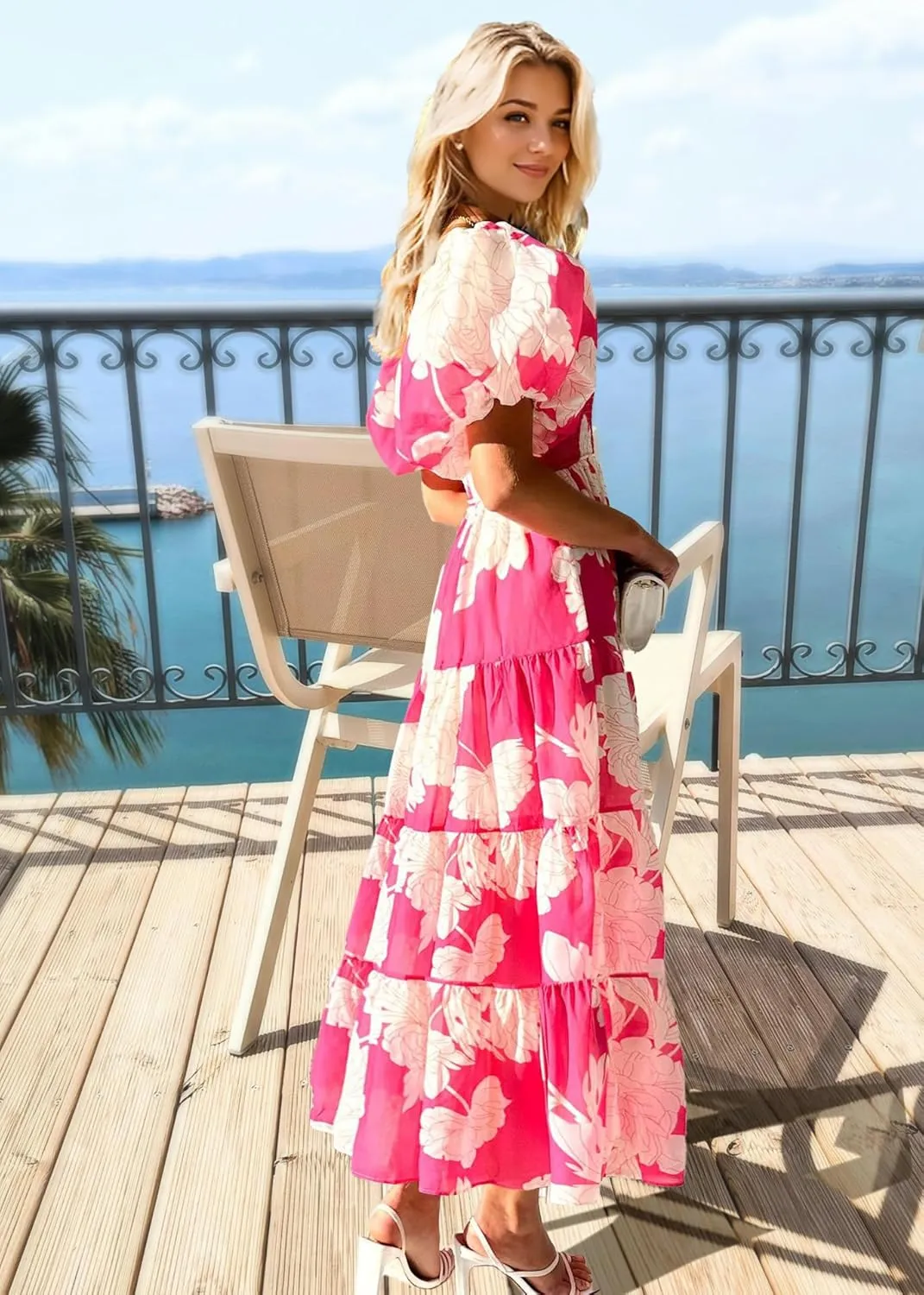 kinstell Casual Summer Midi Dress Puffy Short Sleeve Square Neck Smocked Tiered Ruffle Dresses for Women