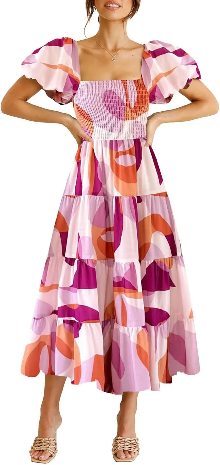 kinstell Casual Summer Midi Dress Puffy Short Sleeve Square Neck Smocked Tiered Ruffle Dresses for Women