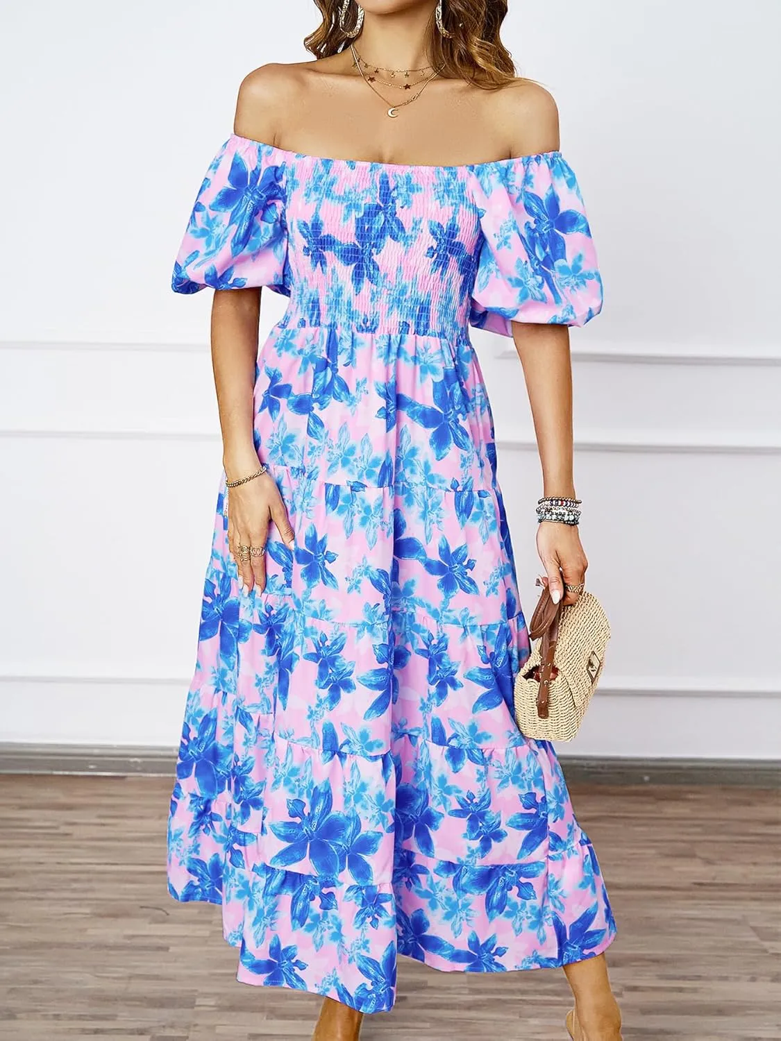 kinstell Casual Summer Midi Dress Puffy Short Sleeve Square Neck Smocked Tiered Ruffle Dresses for Women