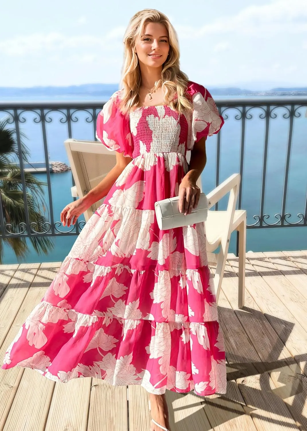 kinstell Casual Summer Midi Dress Puffy Short Sleeve Square Neck Smocked Tiered Ruffle Dresses for Women