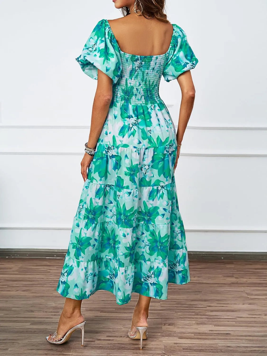 kinstell Casual Summer Midi Dress Puffy Short Sleeve Square Neck Smocked Tiered Ruffle Dresses for Women