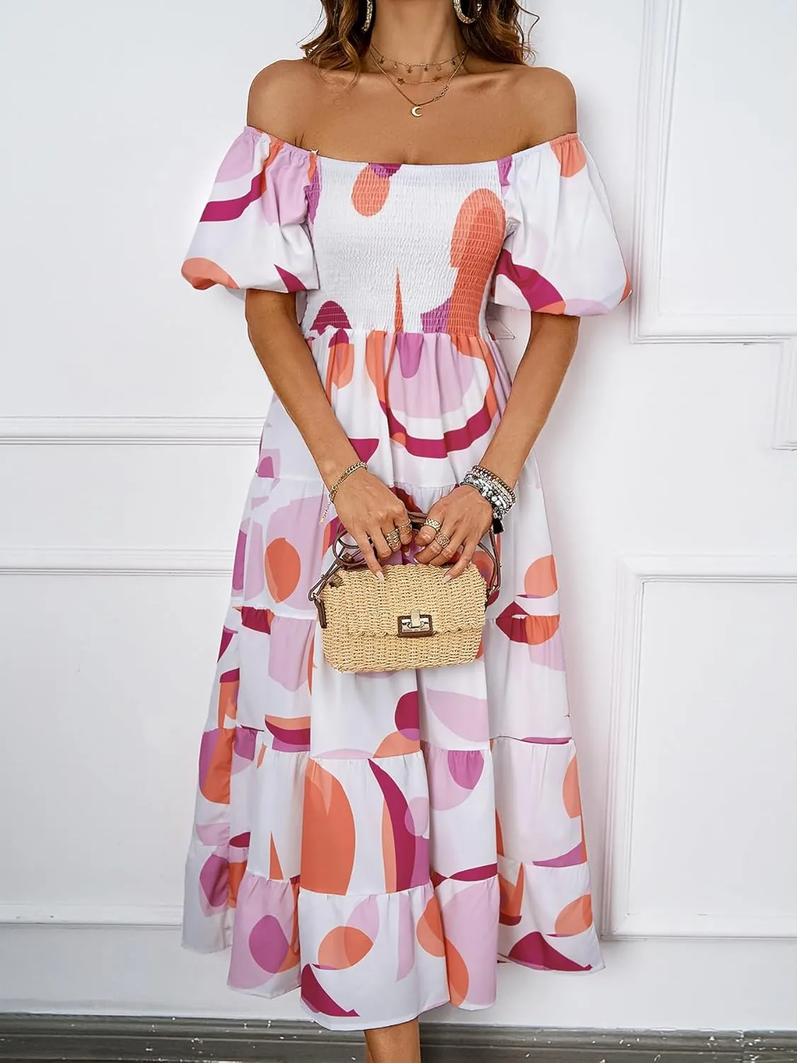 kinstell Casual Summer Midi Dress Puffy Short Sleeve Square Neck Smocked Tiered Ruffle Dresses for Women