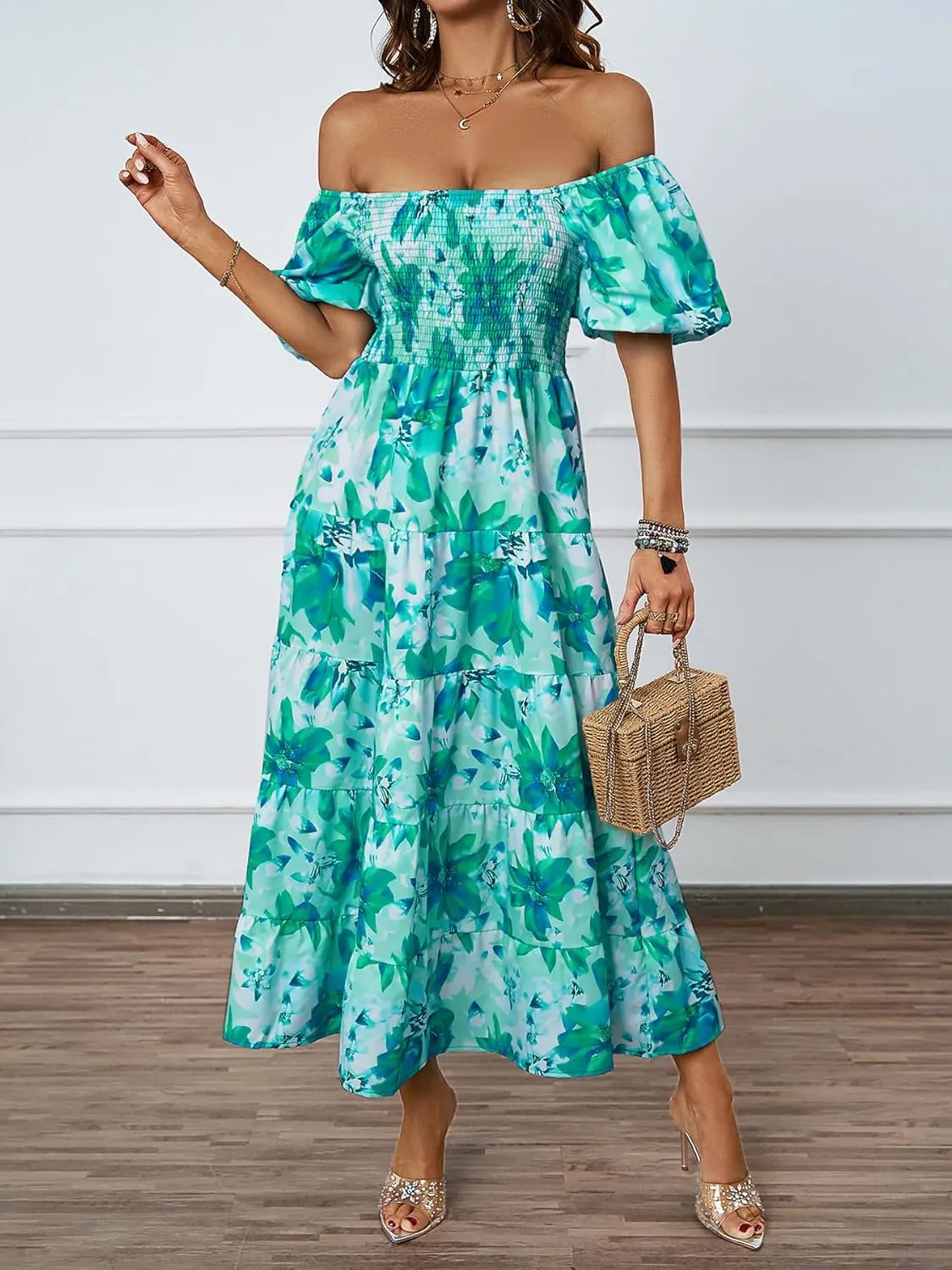 kinstell Casual Summer Midi Dress Puffy Short Sleeve Square Neck Smocked Tiered Ruffle Dresses for Women