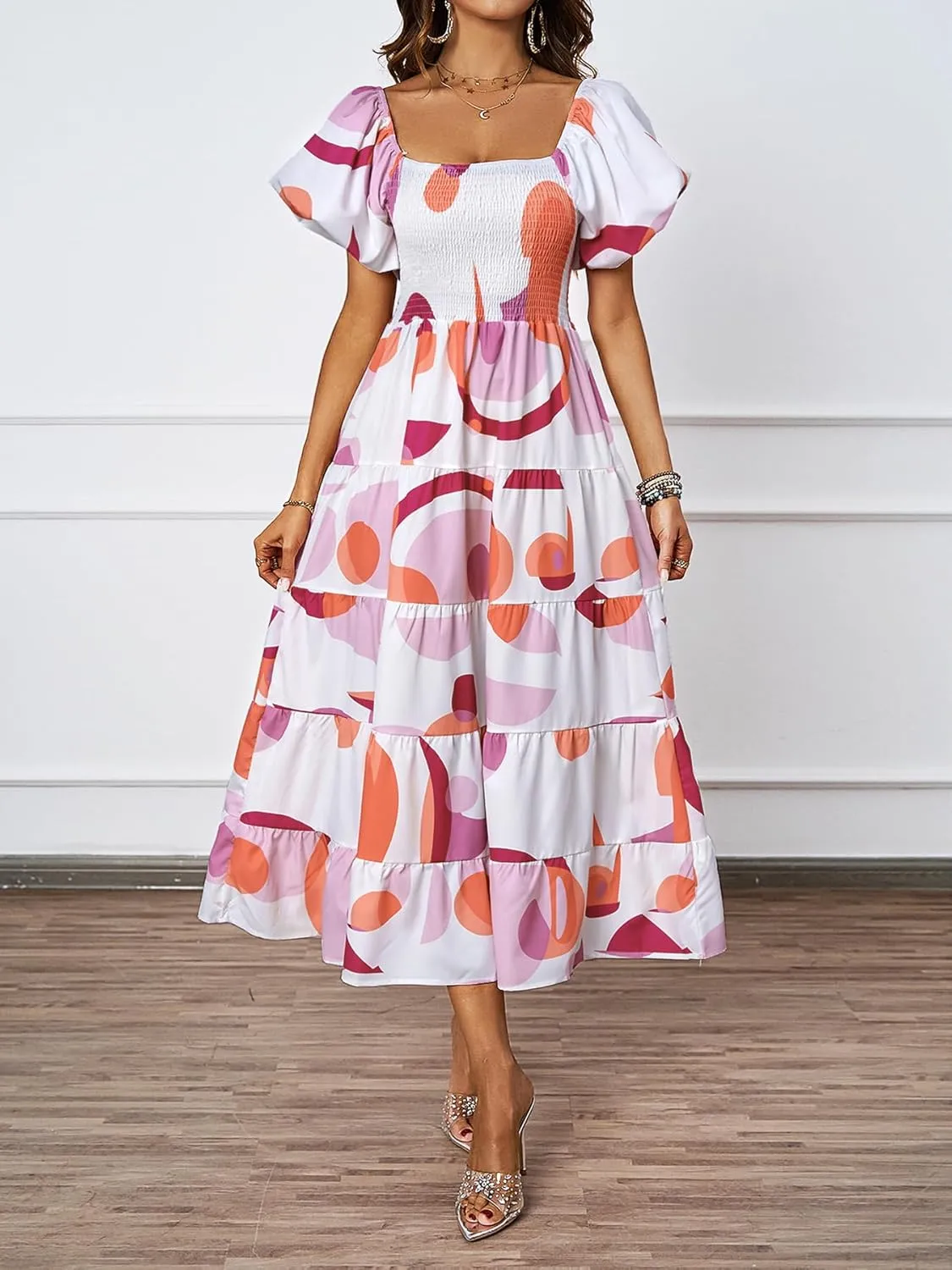 kinstell Casual Summer Midi Dress Puffy Short Sleeve Square Neck Smocked Tiered Ruffle Dresses for Women