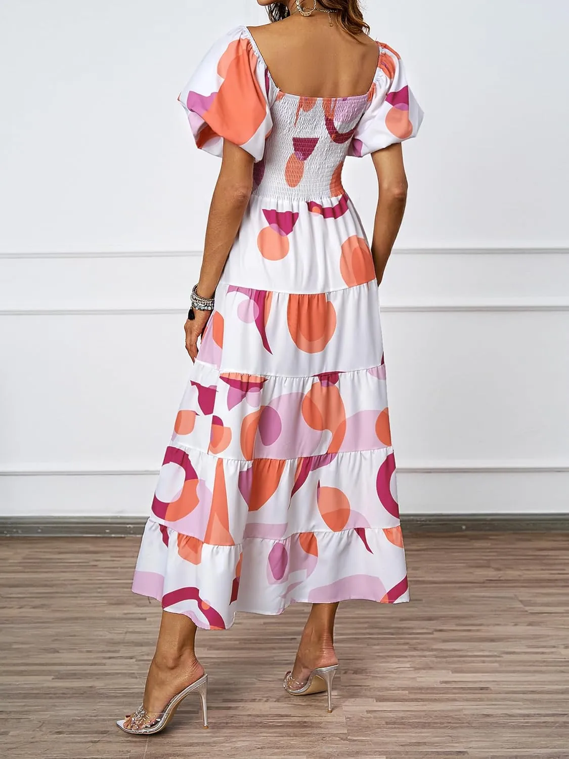 kinstell Casual Summer Midi Dress Puffy Short Sleeve Square Neck Smocked Tiered Ruffle Dresses for Women