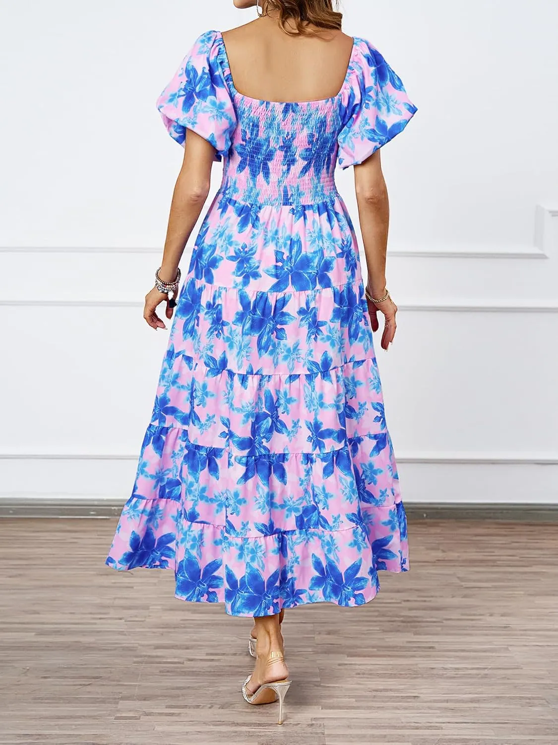 kinstell Casual Summer Midi Dress Puffy Short Sleeve Square Neck Smocked Tiered Ruffle Dresses for Women