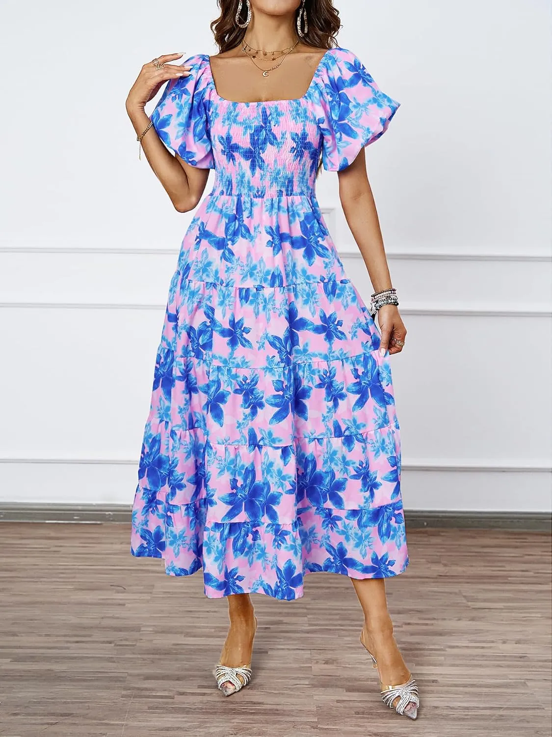 kinstell Casual Summer Midi Dress Puffy Short Sleeve Square Neck Smocked Tiered Ruffle Dresses for Women