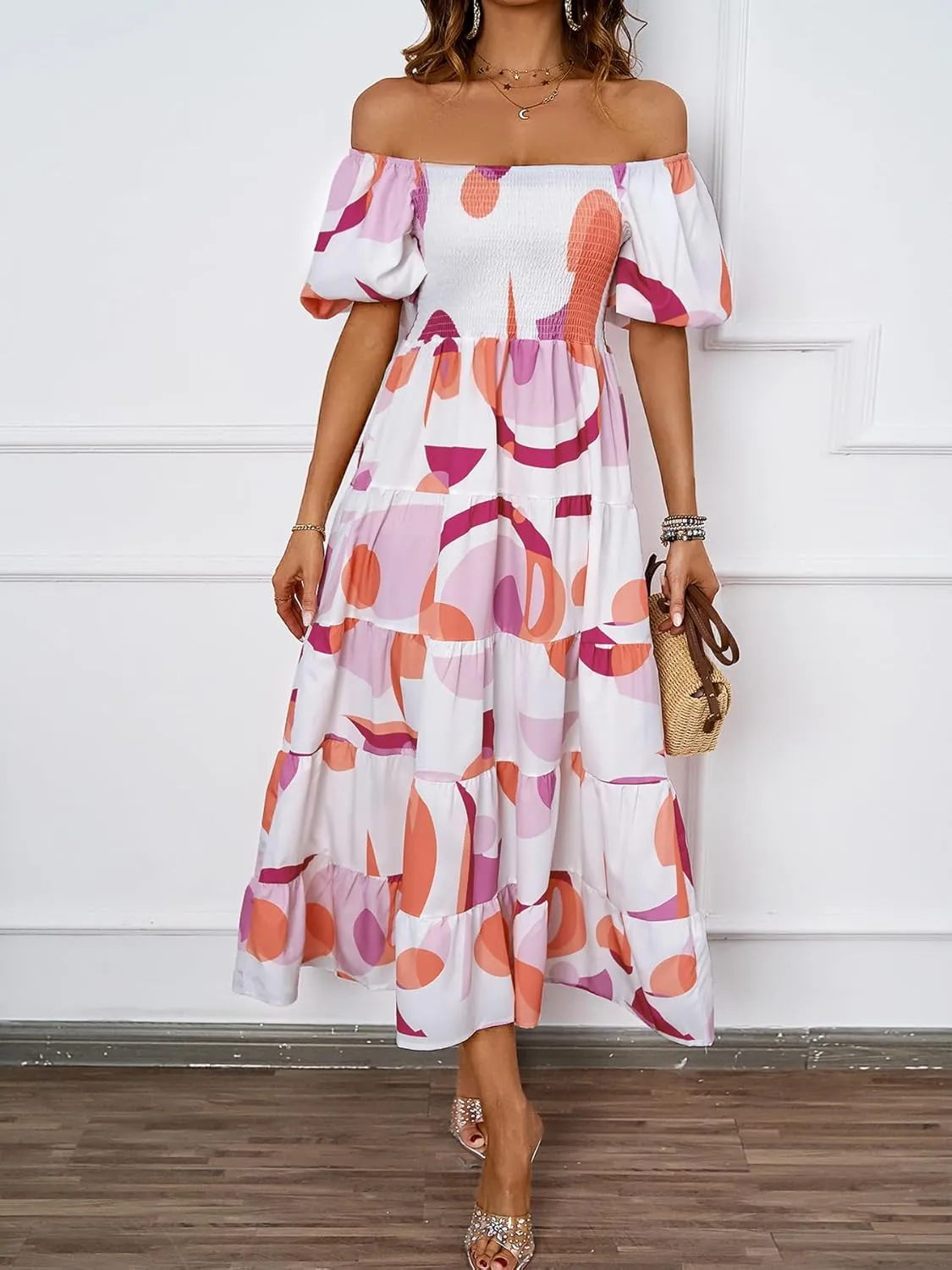 kinstell Casual Summer Midi Dress Puffy Short Sleeve Square Neck Smocked Tiered Ruffle Dresses for Women
