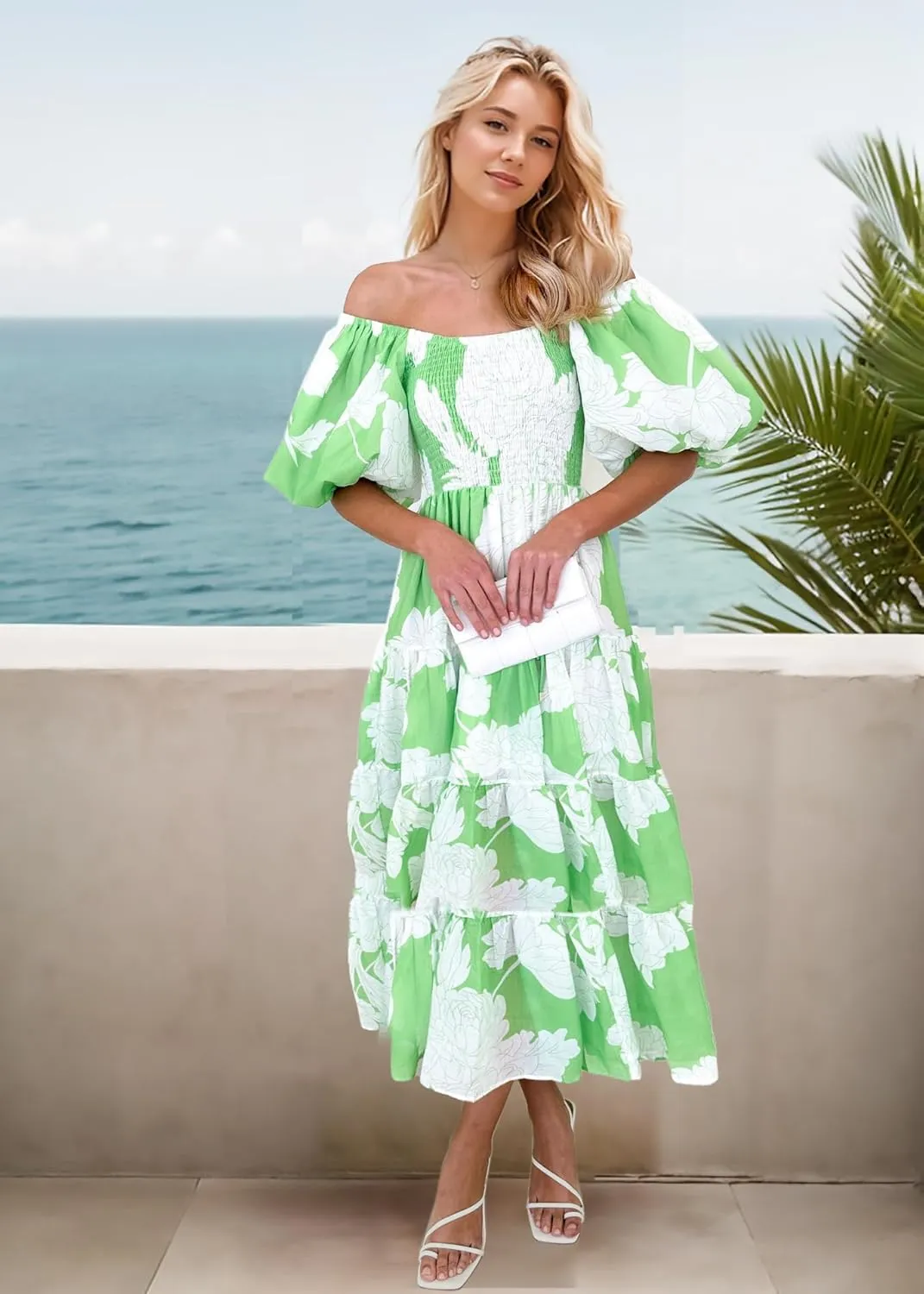 kinstell Casual Summer Midi Dress Puffy Short Sleeve Square Neck Smocked Tiered Ruffle Dresses for Women