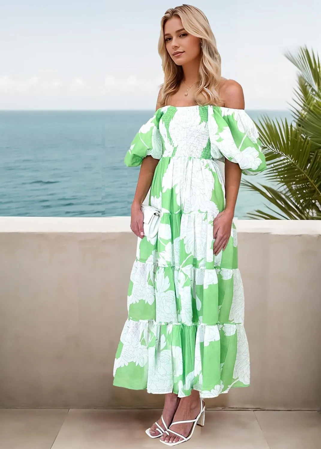 kinstell Casual Summer Midi Dress Puffy Short Sleeve Square Neck Smocked Tiered Ruffle Dresses for Women