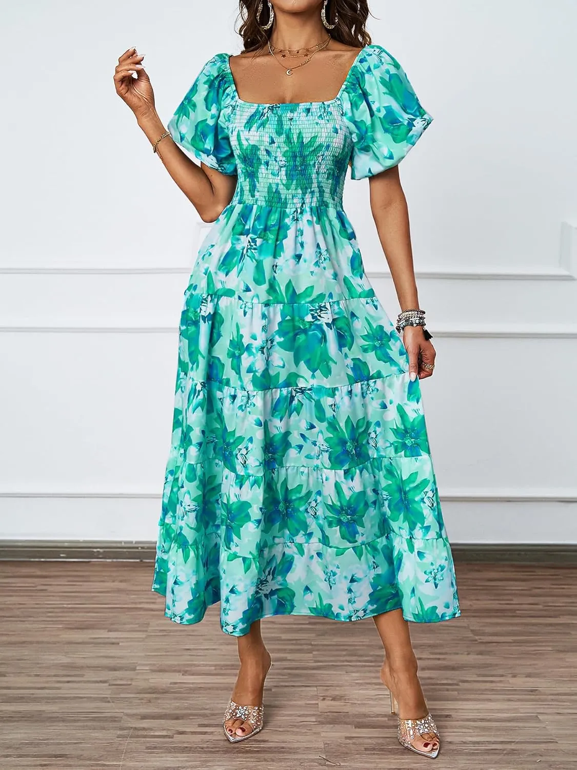 kinstell Casual Summer Midi Dress Puffy Short Sleeve Square Neck Smocked Tiered Ruffle Dresses for Women