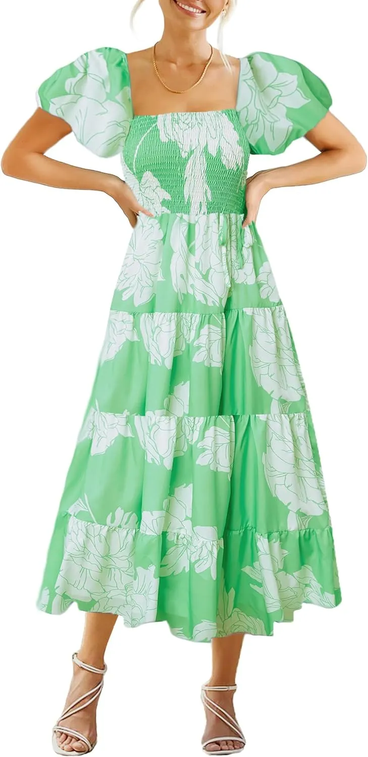 kinstell Casual Summer Midi Dress Puffy Short Sleeve Square Neck Smocked Tiered Ruffle Dresses for Women