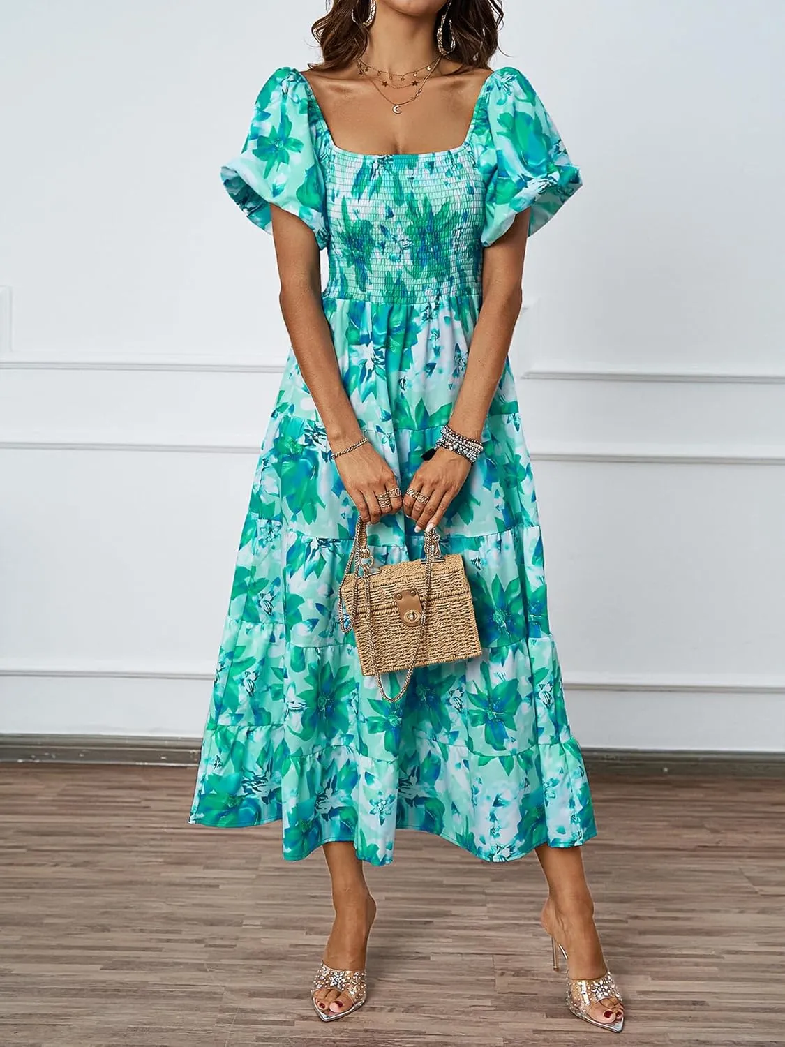 kinstell Casual Summer Midi Dress Puffy Short Sleeve Square Neck Smocked Tiered Ruffle Dresses for Women
