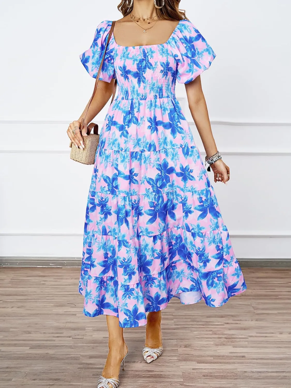 kinstell Casual Summer Midi Dress Puffy Short Sleeve Square Neck Smocked Tiered Ruffle Dresses for Women