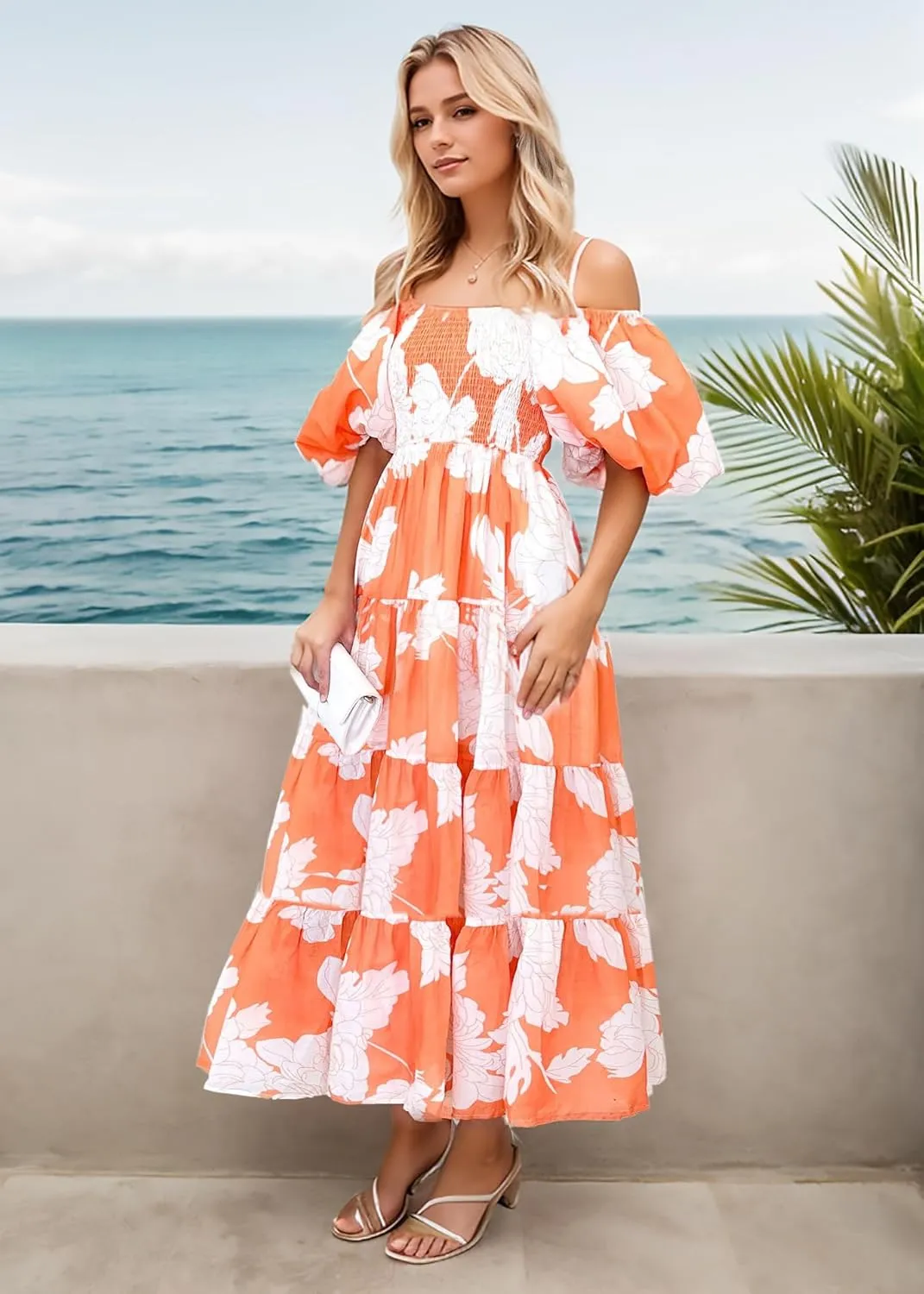 kinstell Casual Summer Midi Dress Puffy Short Sleeve Square Neck Smocked Tiered Ruffle Dresses for Women