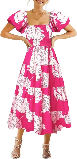 kinstell Casual Summer Midi Dress Puffy Short Sleeve Square Neck Smocked Tiered Ruffle Dresses for Women
