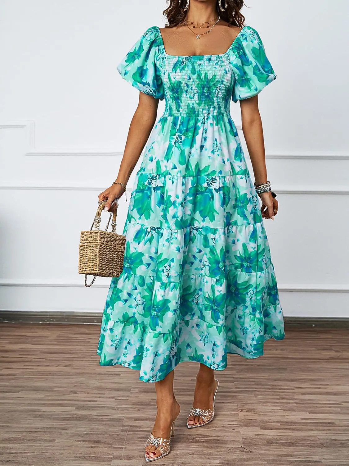 kinstell Casual Summer Midi Dress Puffy Short Sleeve Square Neck Smocked Tiered Ruffle Dresses for Women