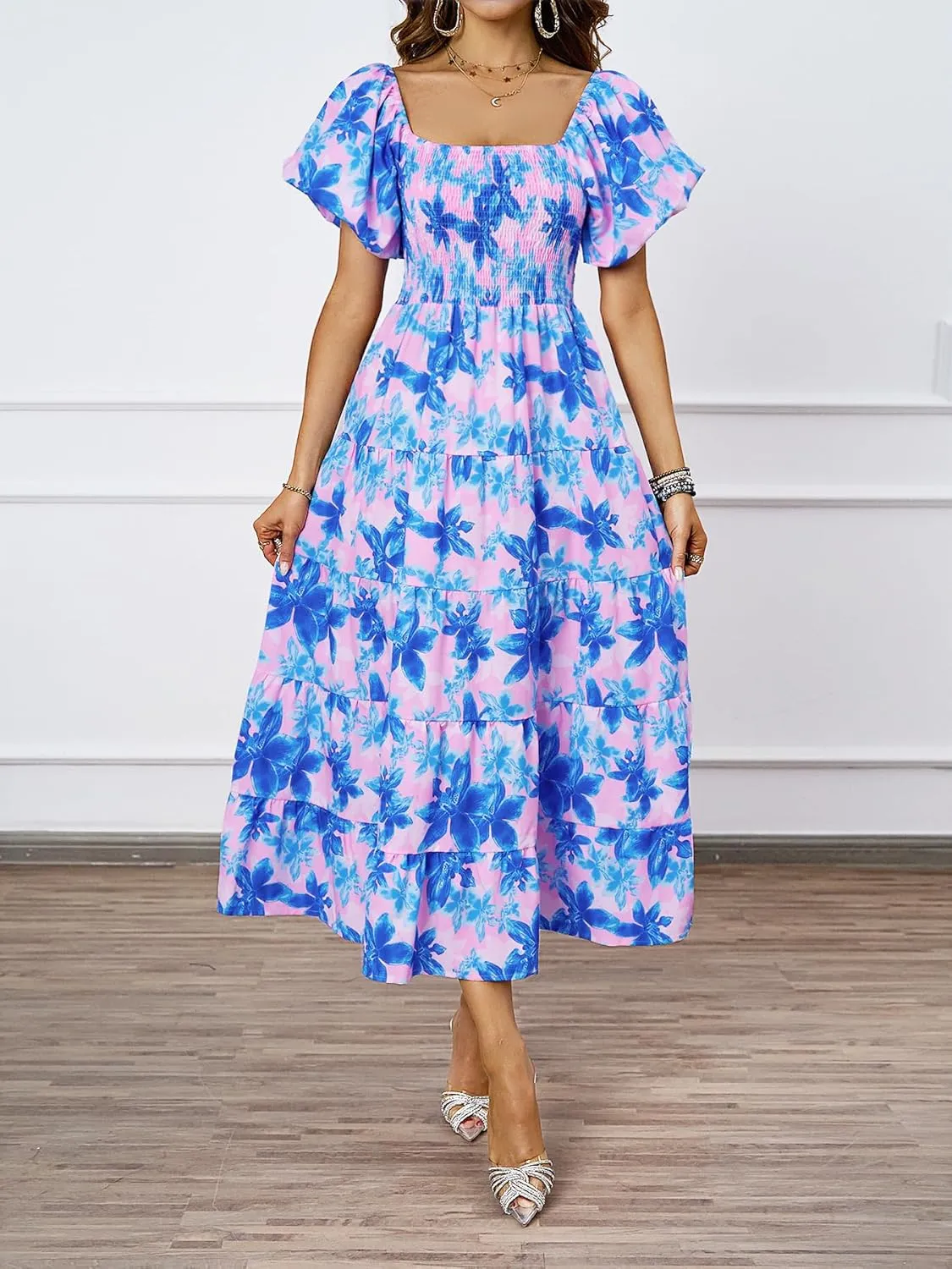 kinstell Casual Summer Midi Dress Puffy Short Sleeve Square Neck Smocked Tiered Ruffle Dresses for Women