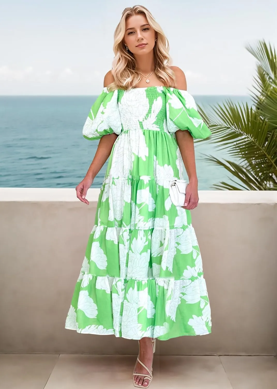 kinstell Casual Summer Midi Dress Puffy Short Sleeve Square Neck Smocked Tiered Ruffle Dresses for Women