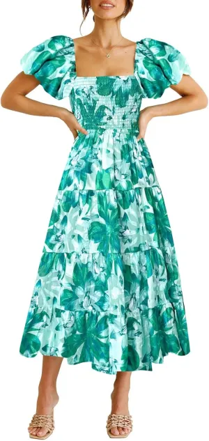 kinstell Casual Summer Midi Dress Puffy Short Sleeve Square Neck Smocked Tiered Ruffle Dresses for Women