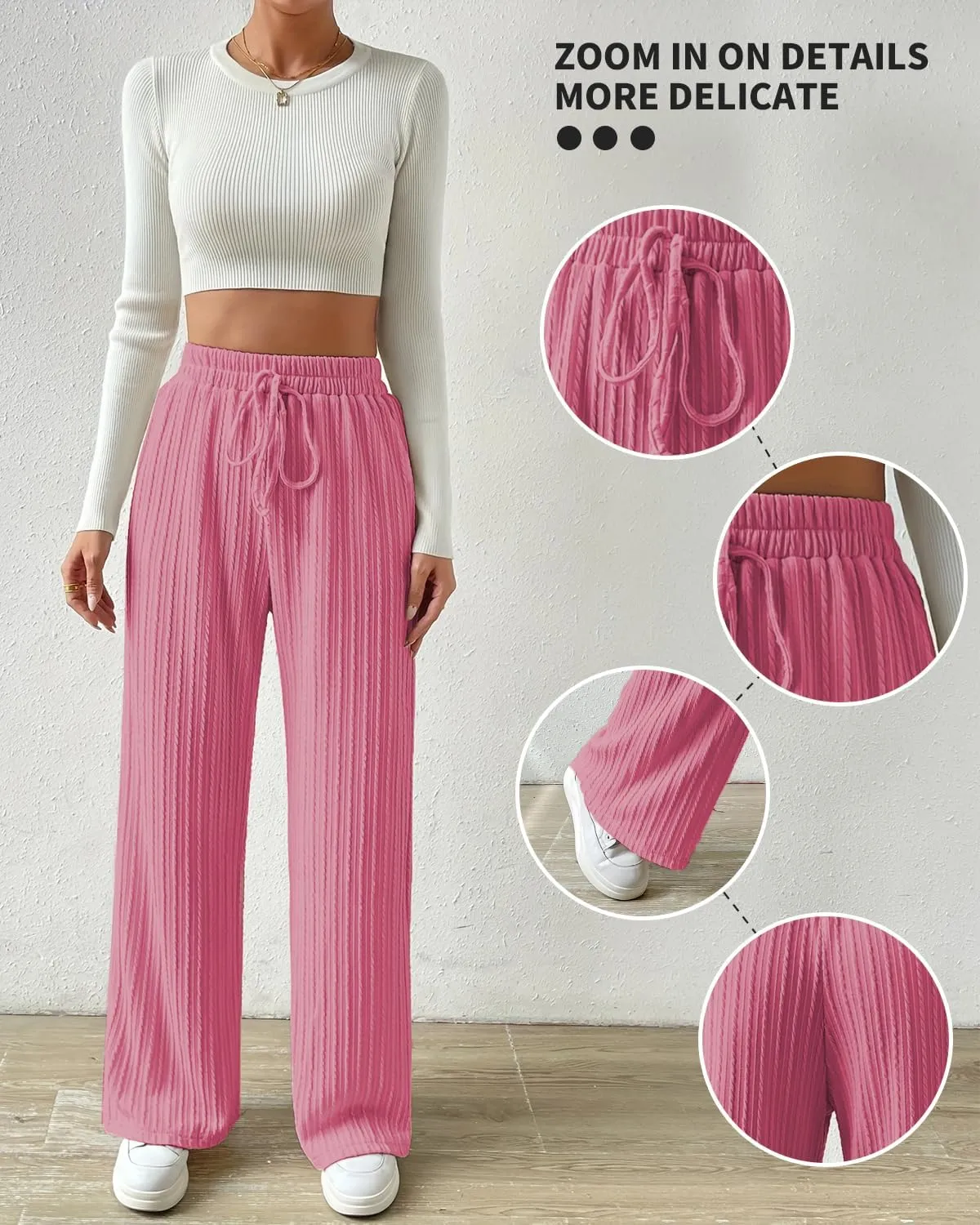 Knit Pants for Women, Ribbed Pants, Wide Leg Lounge Pants for Women, Elastic Waist Straight Leg Sweatpants
