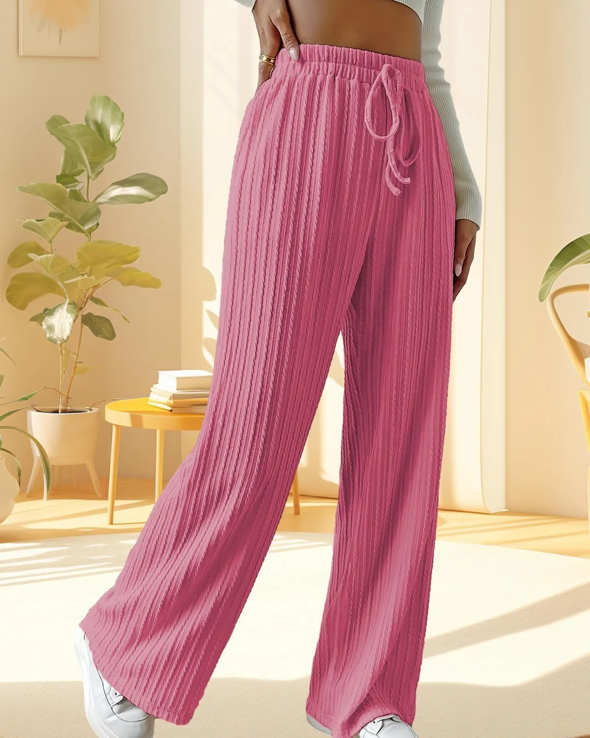 Knit Pants for Women, Ribbed Pants, Wide Leg Lounge Pants for Women, Elastic Waist Straight Leg Sweatpants