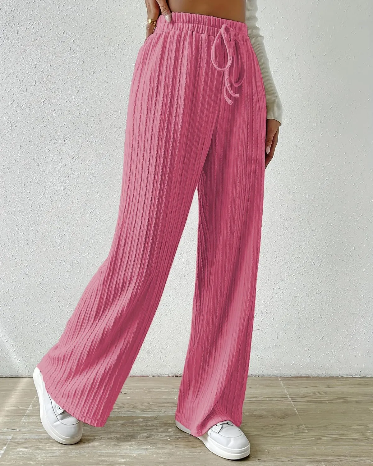 Knit Pants for Women, Ribbed Pants, Wide Leg Lounge Pants for Women, Elastic Waist Straight Leg Sweatpants