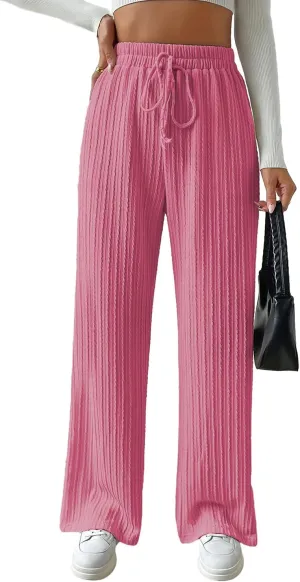 Knit Pants for Women, Ribbed Pants, Wide Leg Lounge Pants for Women, Elastic Waist Straight Leg Sweatpants