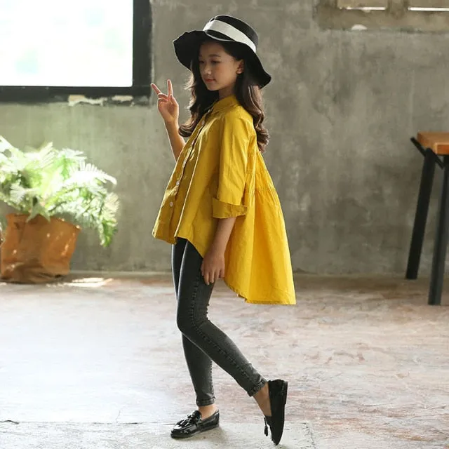 Korean Style Kids Shirts Teenagers Summer Tops Long Shirts for Teenage Girls 2022 Teen White Yellow Blouse 12 14 Years Clothes