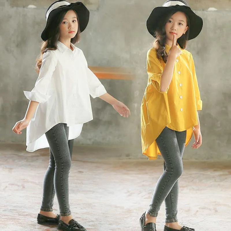 Korean Style Kids Shirts Teenagers Summer Tops Long Shirts for Teenage Girls 2022 Teen White Yellow Blouse 12 14 Years Clothes